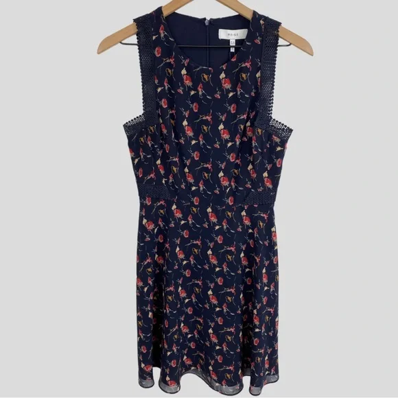 Reiss Navy Louise Floral Print Mesh Trim Dress NWT - Picture 2 of 9